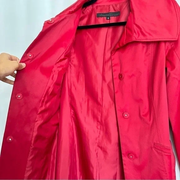 Kenneth Cole New York Women’s Red Mid Length Jacket Trench Coat Wide Collar sz S - Picture 8 of 15